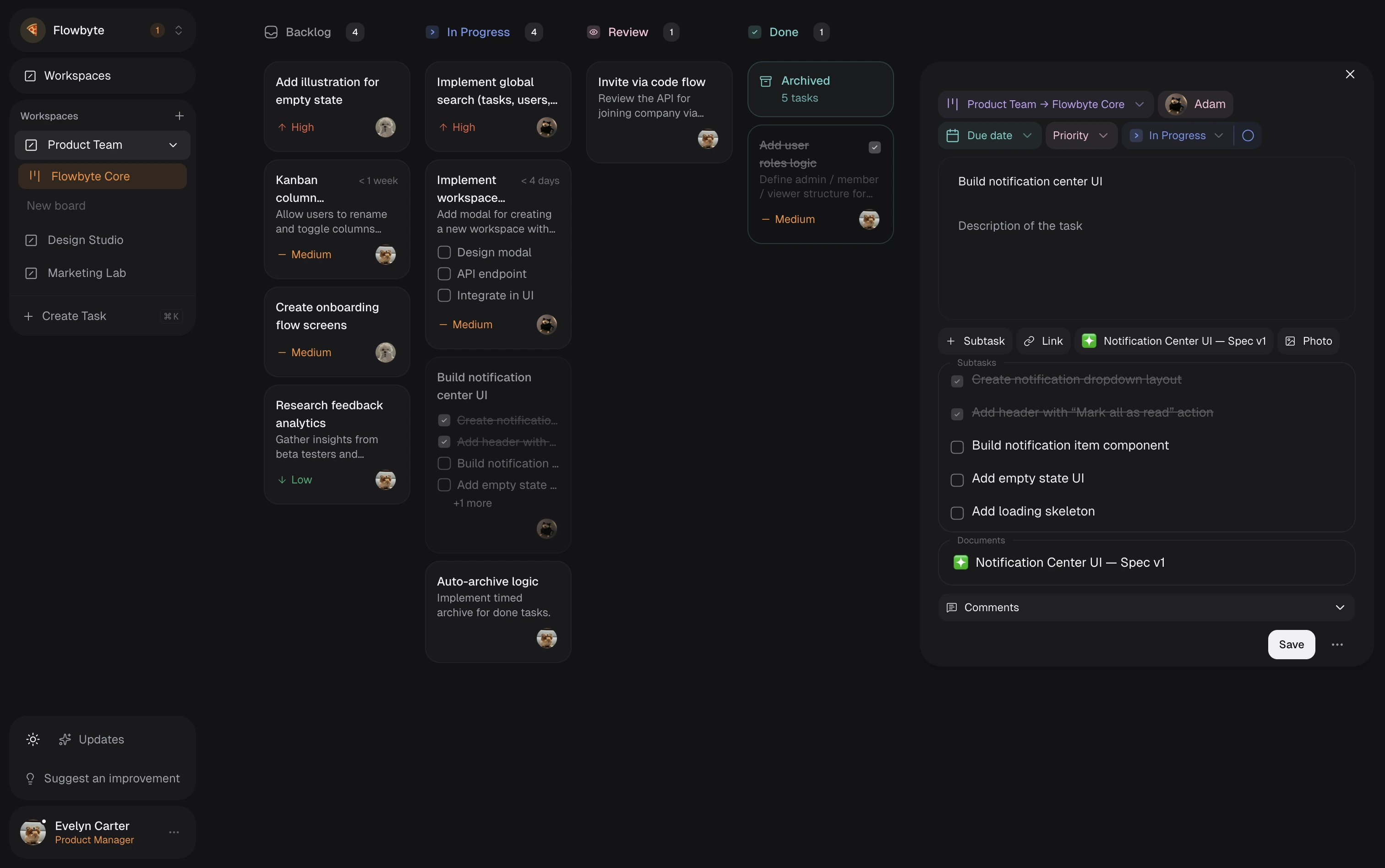 Kanban board interface